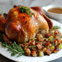 Classic Thanksgiving Roast Turkey with Herb Stuffing and Gravy
