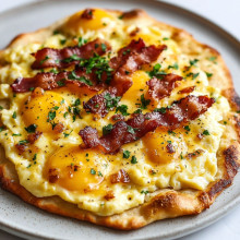 Breakfast Flatbread with Scrambled Eggs, Bacon, and Cheese