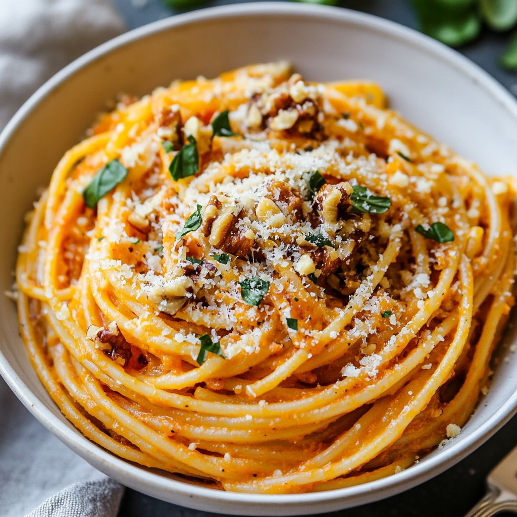 Spaghetti with Roasted Red Pepper and Walnut Sauce