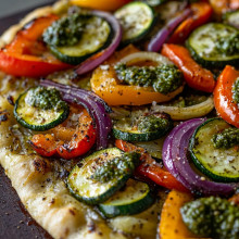 Roasted Veggie Flatbread with Pesto Drizzle