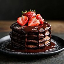 Chocolate Strawberry Pancakes with Fudge Sauce