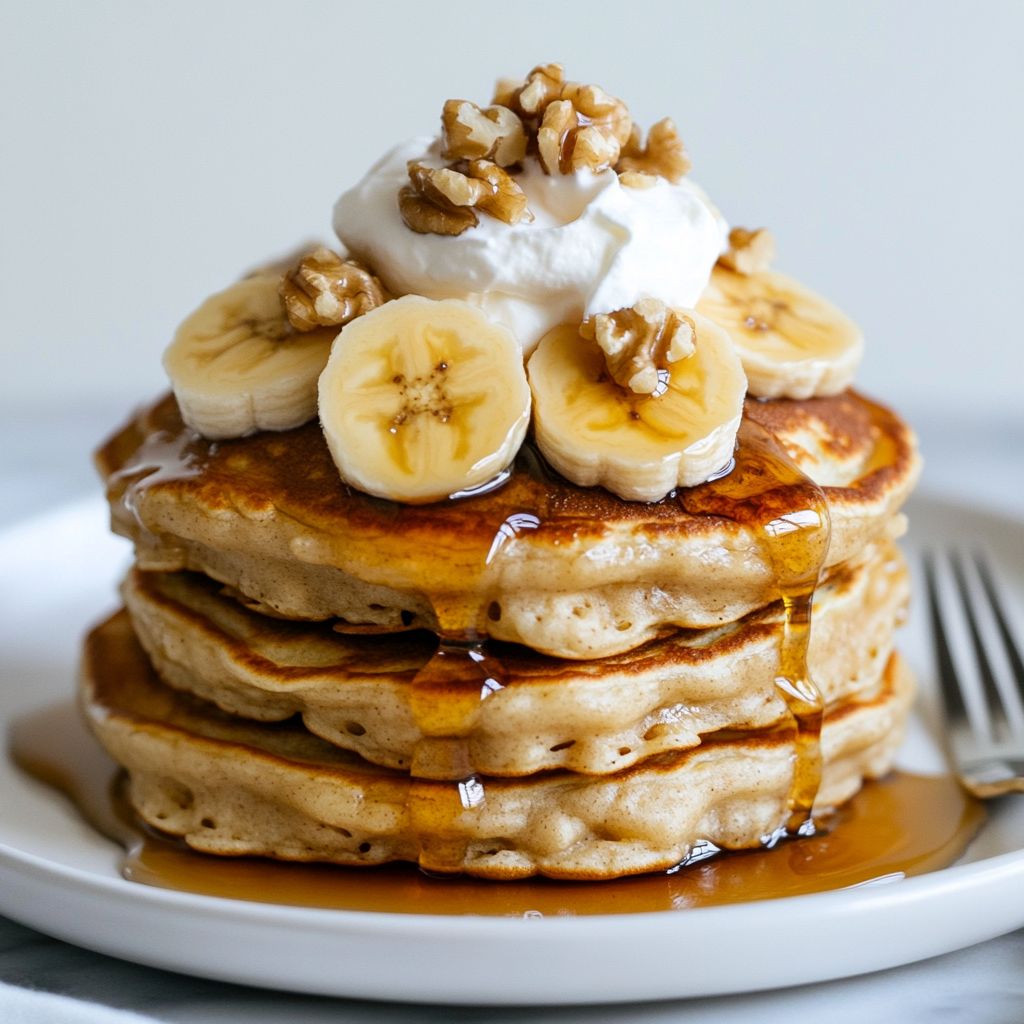 Fluffy Banana Nut Pancakes with Maple Syrup