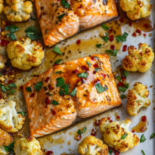  Sheet Pan Honey Garlic Salmon and Cauliflower 