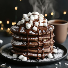 Hot Cocoa Pancakes with Marshmallow Drizzle
