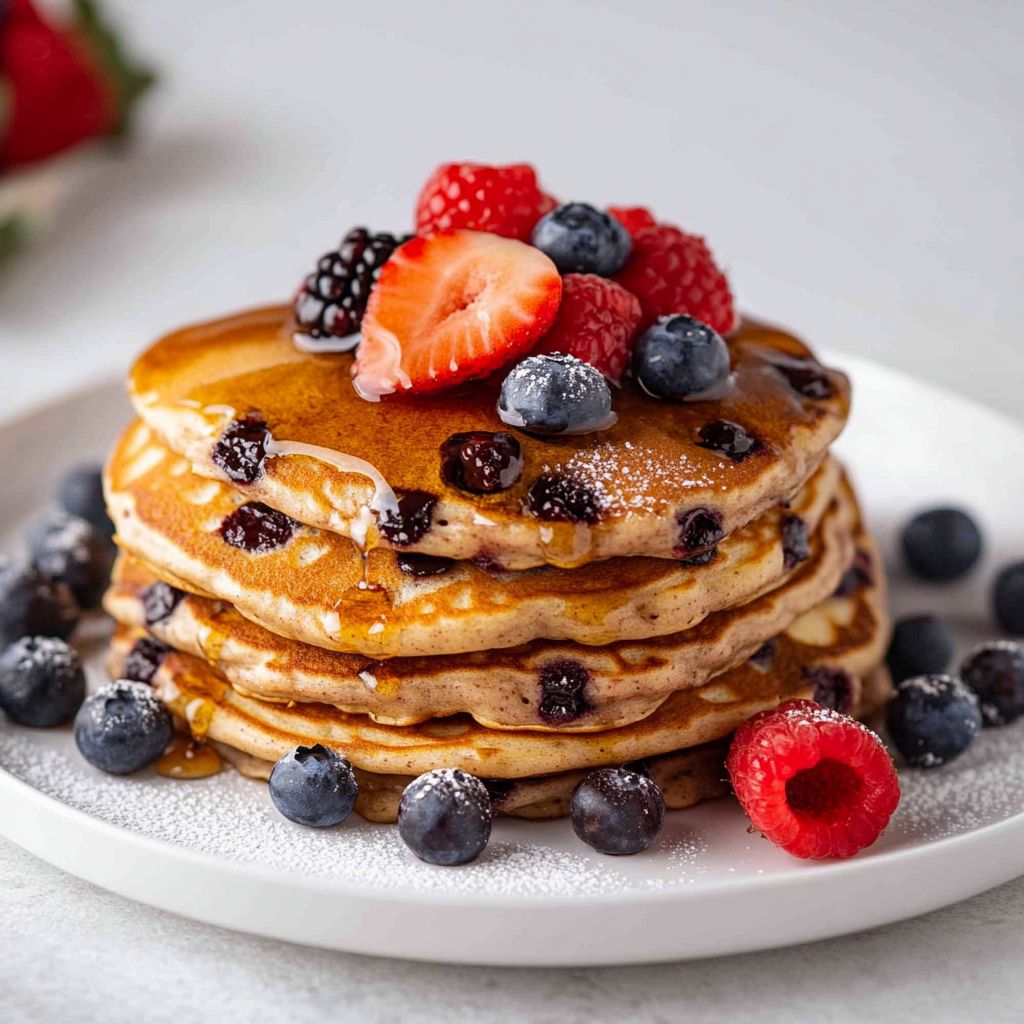Chocolate Chip Pancakes with Fresh Berry Compote